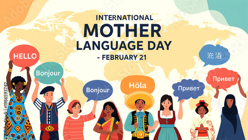 Colorful illustration of international mother language day with diverse people holding speech bubbles in different languages