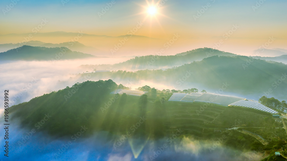 Fototapeta premium A breathtaking sunrise over mist-covered mountains, where golden sun rays stream through layers of fog and illuminate rolling green hills. In the foreground, terraced farmland and greenhouse structure