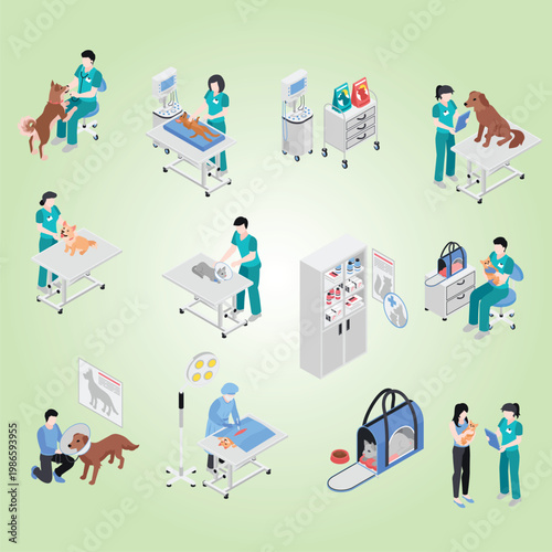 isometric veterinary illustration set collection pharmacy patient table work domestic animal emergency