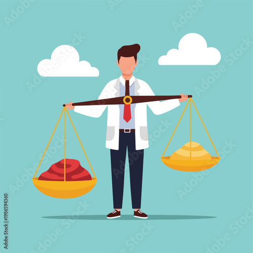 A man in a lab coat balancing scales with meat and gold