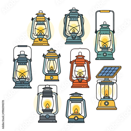 A colorful set of nine lanterns with solar panel