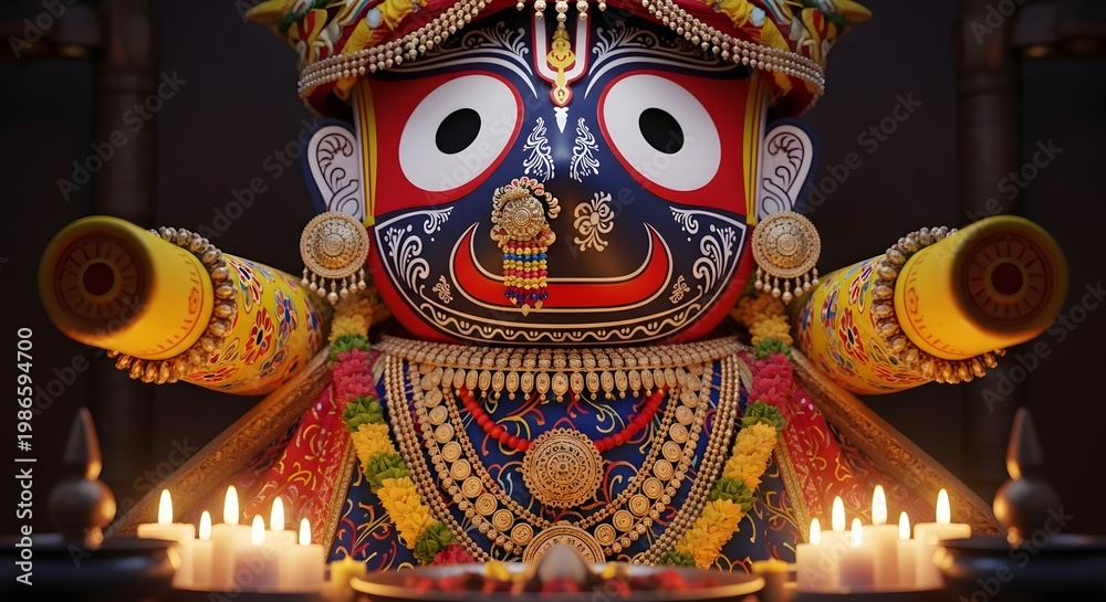 Fototapeta premium A vibrant festival deity statue with large eyes and colorful decorations surrounded by lit diyas at night in a cultural event setting.