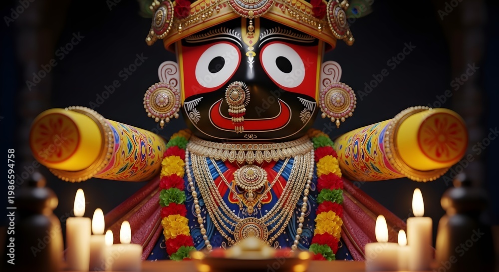 Fototapeta premium A vibrant illustration of a deity with colorful attire surrounded by lit candles