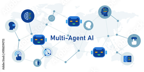 decentralized multi agent ai ecosystem featuring various specialized robotic and human interface nodes connected across a global map background depicting neural networks collaborative intelligence