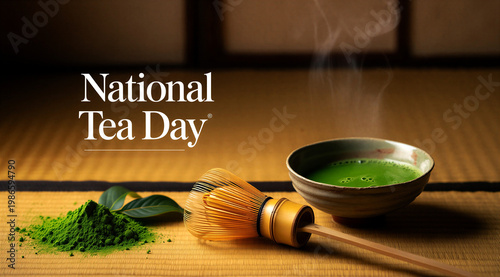 Traditional japanese matcha tea ceremony with whisk and powder on tatami mat for national tea day celebration