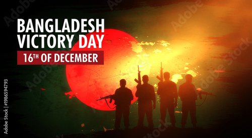 Silhouettes of soldiers holding rifles with a dramatic sunset and flag celebrating victory day event