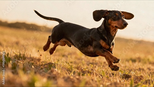 A black and tan dachshund is captured mid-air while running joyfully across a grassy field during the golden hour of sunset.