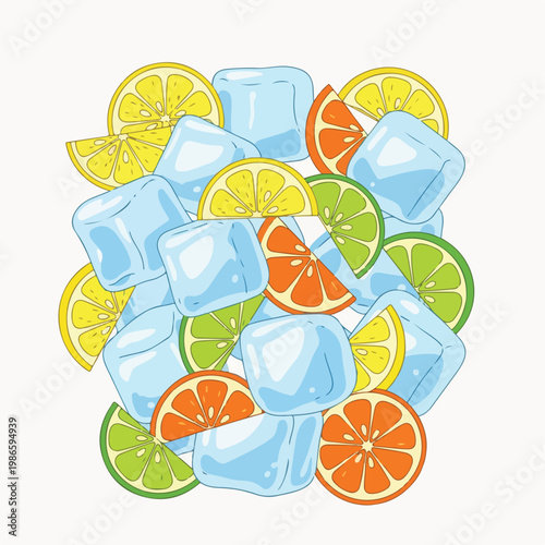 A colorful stack of ice cubes and sliced citrus fruits on white