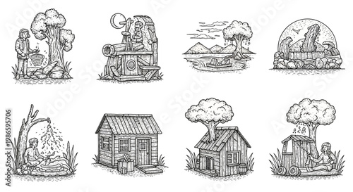 Rustic Village Life Scenes Hand Drawn Sketch Collection