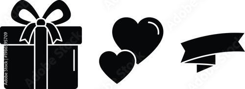 Father’s Day Gift Box with Hearts and Celebration Ribbon Vector Icon Set