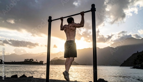 Man exercising outdoors on a pull-up bar.