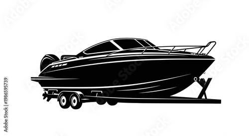 Speedboat on Trailer Black and White Silhouette
