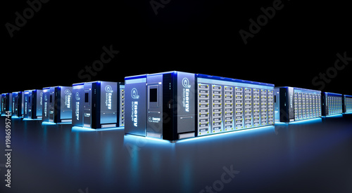 Group of energy storage systems or battery container units on black background