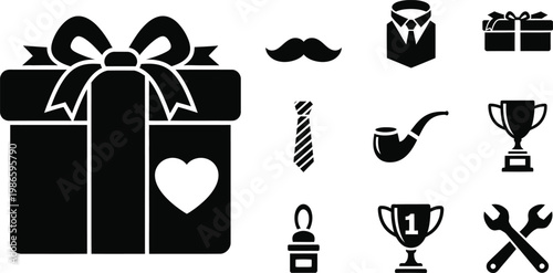 Father’s Day Gift Box and Men’s Accessories Vector Icon Set for Design