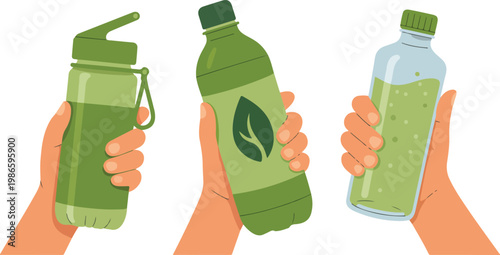 Hands holding green beverages flat vector illustration water bottle juice drink eco healthy lifestyle concept minimalist design isolated on white background