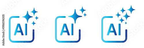 AI generation technology icon set modern flat vector collection of artificial intelligence symbols. Set of AI generate icon. AI sparkle star with square icon. AI generate icon set ai, sparkle star. 