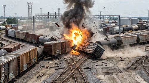 After missile attack train cars exploding in a scrapyard with scrap yard junk pile scrapyard explosion train wreck explosion wreckage destruction accident disaster