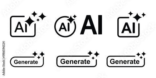 AI generate with square and stars icons. Vector symbols for artificial intelligence and creativity apps. Sparkles generate prompt. AI Sparkle Icon Set. AI Artificial Intelligence Minimal Line Icon. 