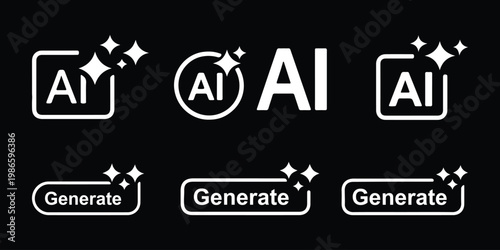 AI generate with square and stars icons. Vector symbols for artificial intelligence and creativity apps. Sparkles generate prompt. AI Sparkle Icon Set. AI Artificial Intelligence Minimal Line Icon. 