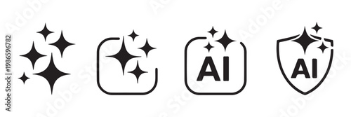 Set of generated AI icons. AI star symbol with a pointed and rounded tip. AI logotype. Artificial intelligence concept. Icon element for app and web. AI icon with shield protected. AI star icon. EPS10
