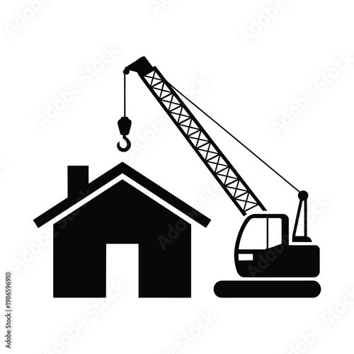 Black silhouette of crane lifting house