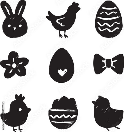 Fun Easter doodle set with animals eggs and decorative spring nature elements