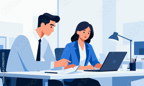 Flat vector illustration of two young professionals collaborating while reviewing work on a laptop in a corporate office setting
