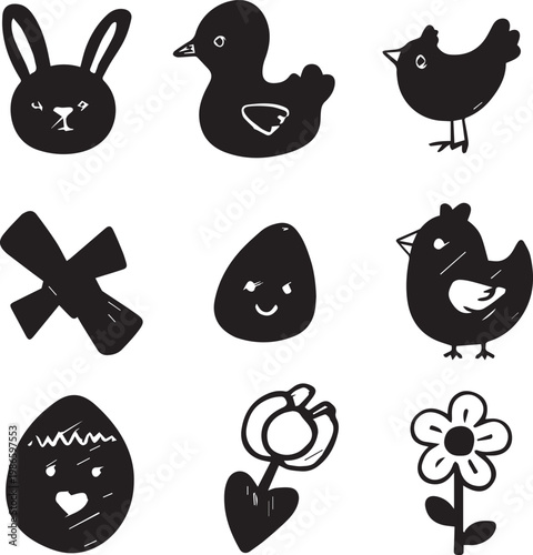 Fun Easter doodle set with animals eggs and decorative spring nature elements