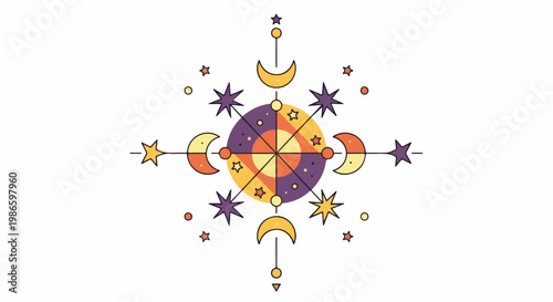 A colorful, symmetrical design with celestial elements