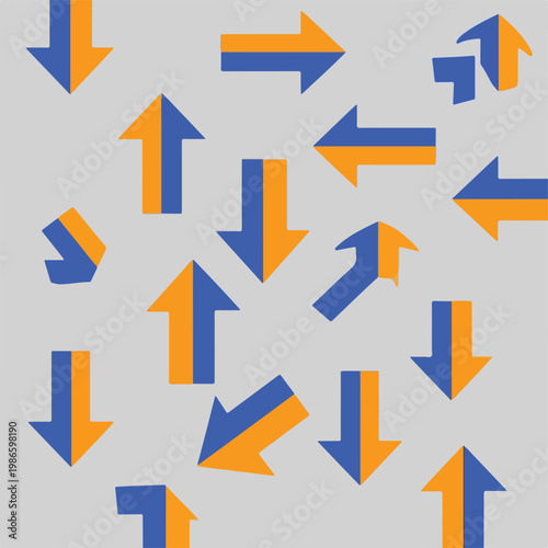 A graphic illustration of multiple orange and blue arrows
