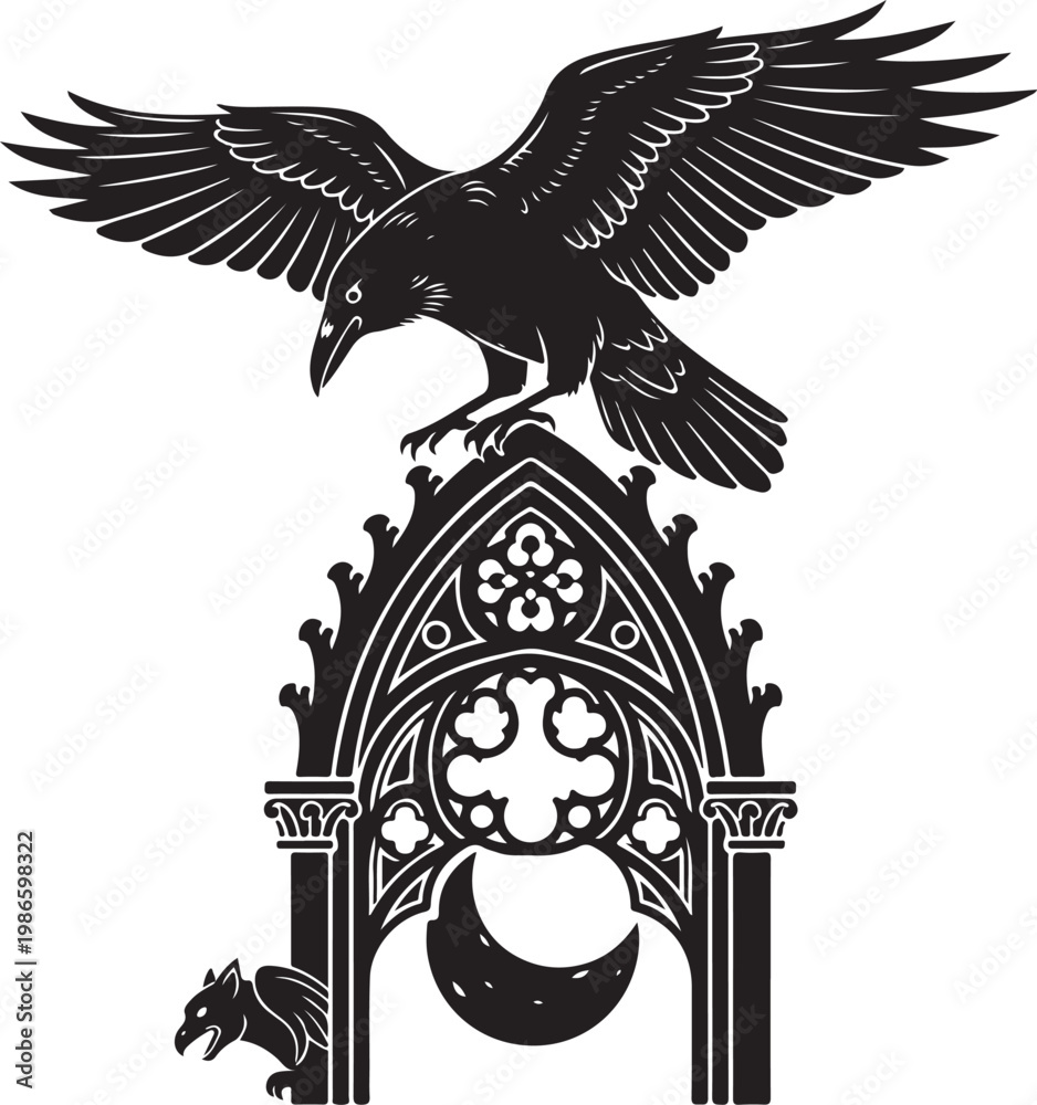 Fototapeta premium Silhouette of a crow perched on a gothic archway with crescent moon, Generative Ai