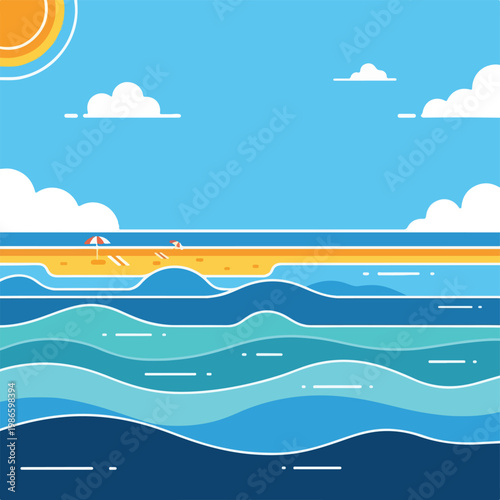 A serene beach scene with a sunny sky