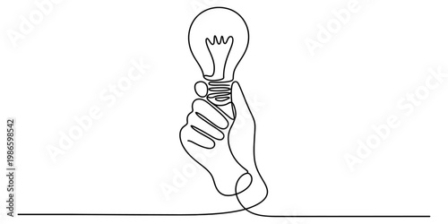 Continuous line drawing of a human hand holding a light bulb as a symbol of inspiration and ideas. Vector, illustration