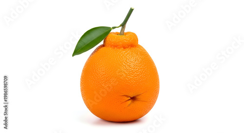 Fresh orange fruit with green leaf.