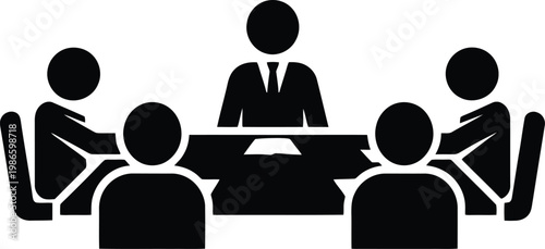 Business boardroom meeting icon showing group sitting around rectangular table.