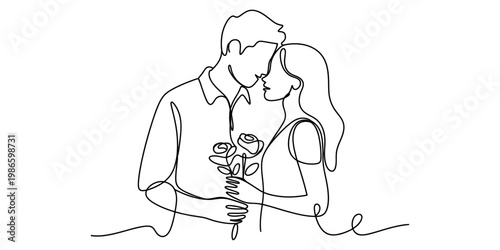 Minimalist one line art of a man and woman sharing a romantic moment while holding a bouquet of roses Vector, illustration