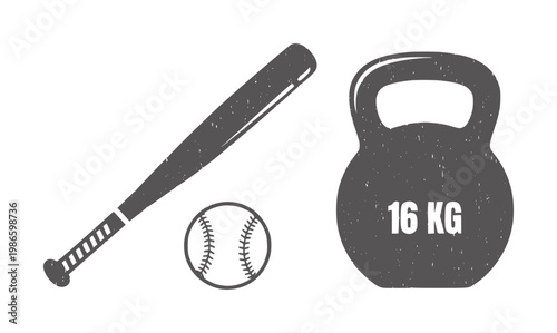 Dark gray baseball bat ball and 16 kg kettlebell white weight