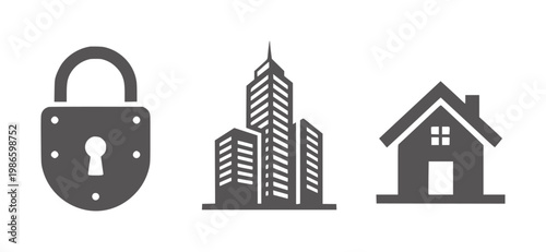 Dark gray of a padlock skyscraper and house white building security