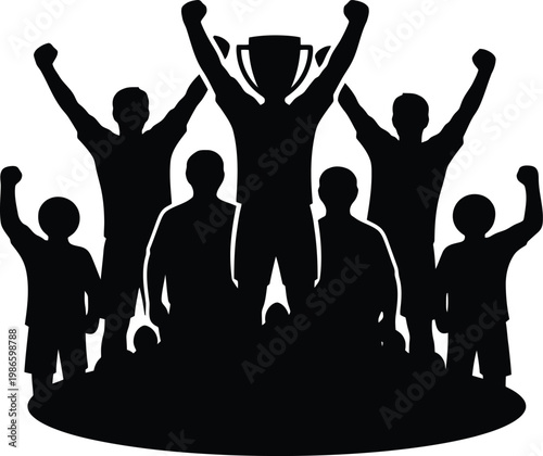 Group of athletes celebrating victory with gold trophy cup in front of cheering crowd.