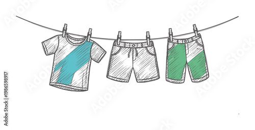 Hand drawn t shirt and shorts drying a clothesline