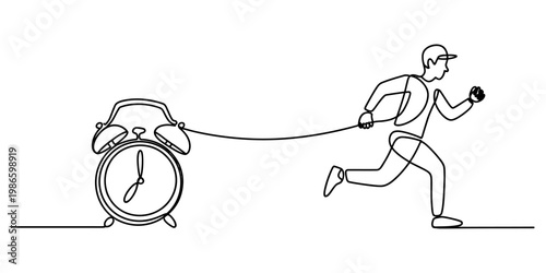 Continuous line drawing of a person running and pulling a large alarm clock behind them Vector, illustration