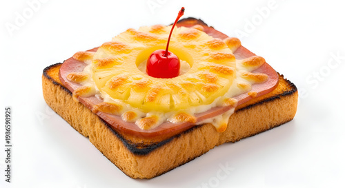 Delicious ham and cheese toast with cherry.