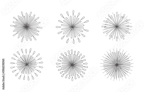 Six grey starbursts with teardrop tips arranged in two rows pattern abstract