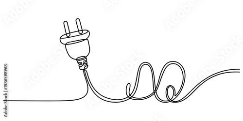 Minimalist continuous line drawing of an electric plug with a long wavy cable on white background. Vector, illustration