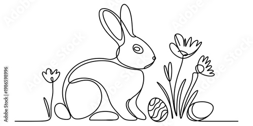Continuous line drawing of a cute easter bunny sitting among spring flowers and eggs Vector, illustration