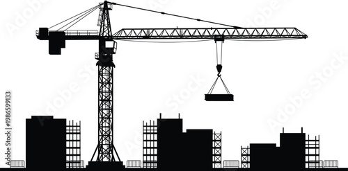 Black silhouette vector illustration of a large tower crane lifting heavy construction materials over an unfinished city building site background