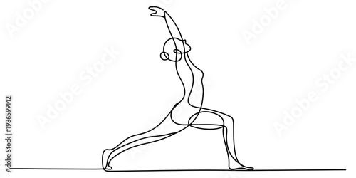Continuous line drawing of a woman practicing yoga in a high lunge pose for wellness. Vector, illustration