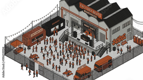 Flat vector illustration of people at an outdoor festival event in front of a large industrial building with trucks.