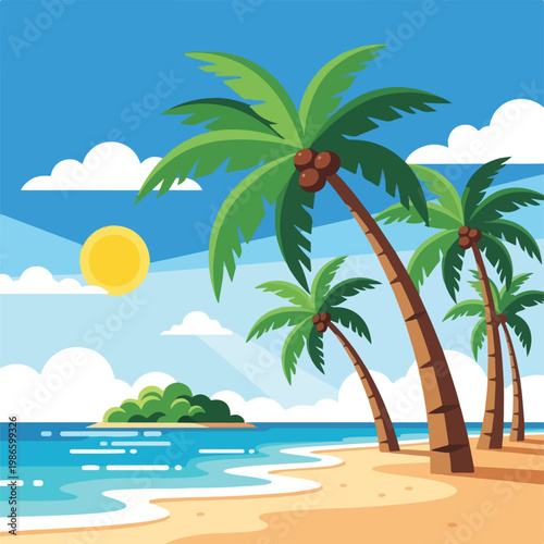 A serene beach scene with palm trees and a sunny sky