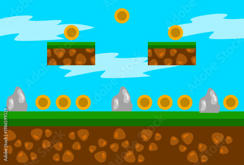 Game classic video game level features collectible coins hearts and inviting jump platforms.